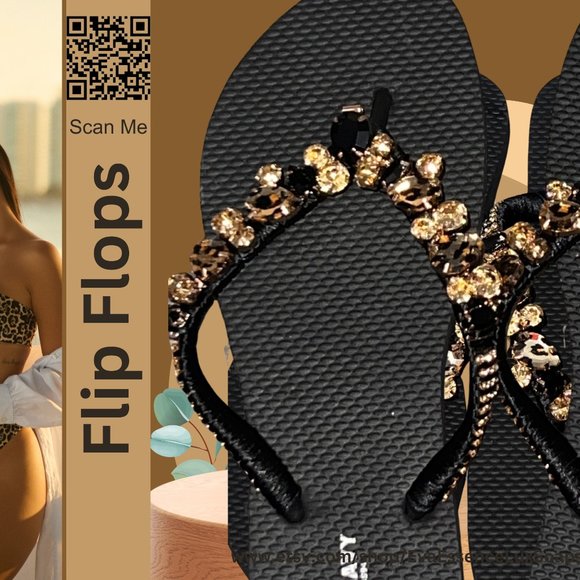 Flip Flops, Leopard, Cheetah Print, Beach Flip Flops, Rhinestones, Shoes, Sandal - Picture 14 of 15